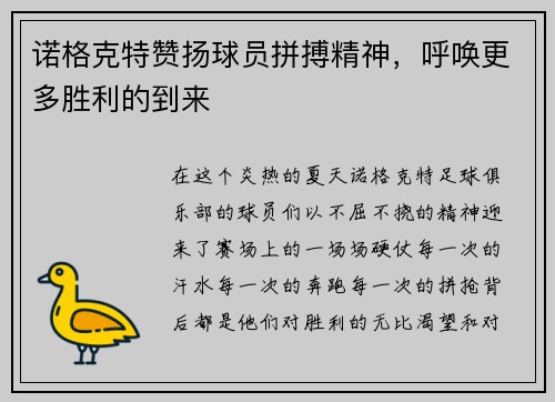 诺格克特赞扬球员拼搏精神，呼唤更多胜利的到来